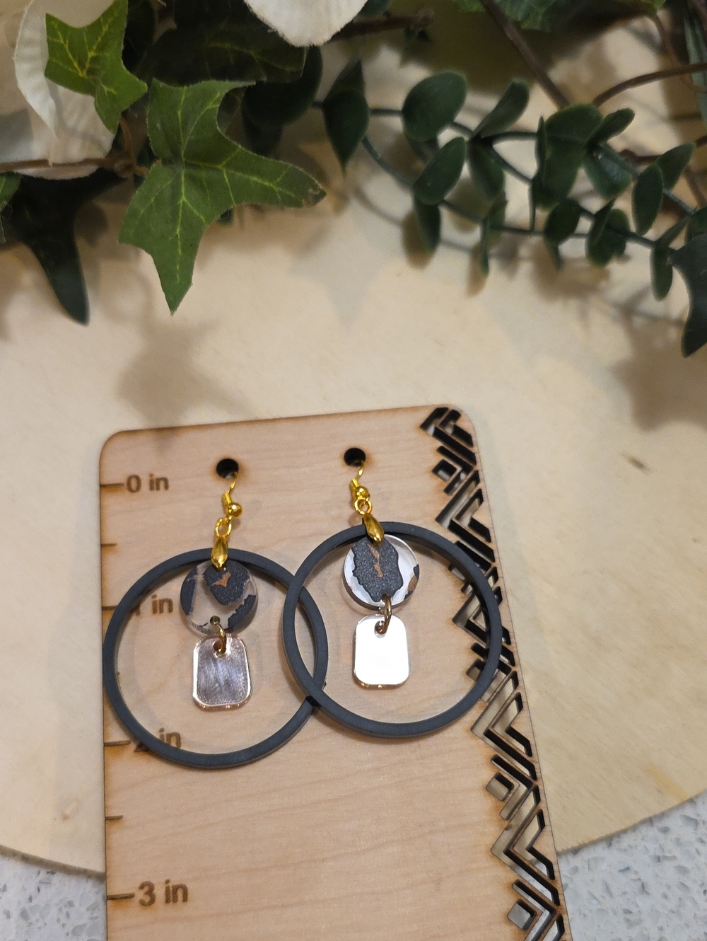 Gold and Gray Hoop Drop Earrings with Silver Accents